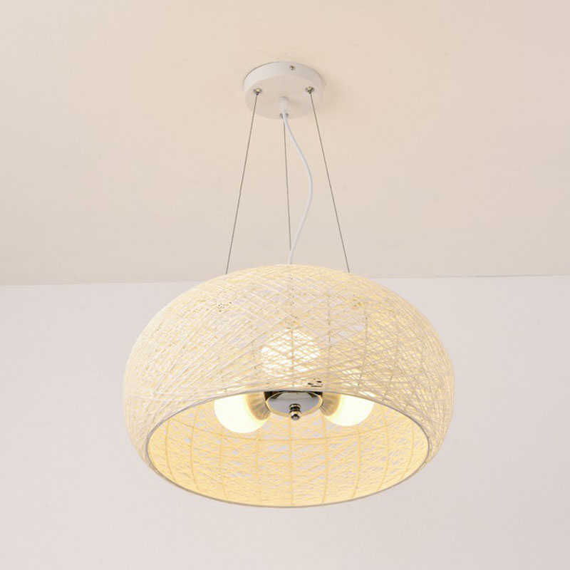 South-East Asian Rattan Curved Drum Ceiling Chandelier with 3 Heads - Lighting Fixture