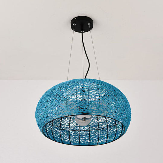 South-East Asian Rattan Curved Drum Ceiling Chandelier with 3 Heads - Lighting Fixture