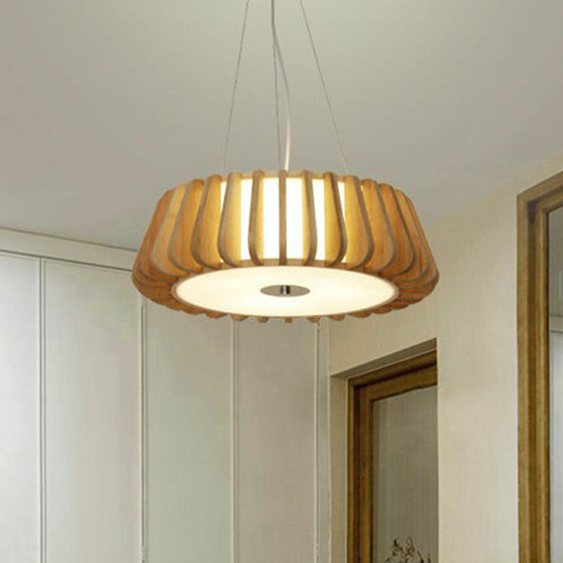 Tapered Drum Chandelier Pendant Light - Contemporary 3 Bulb Wood Hanging Light for Living Room