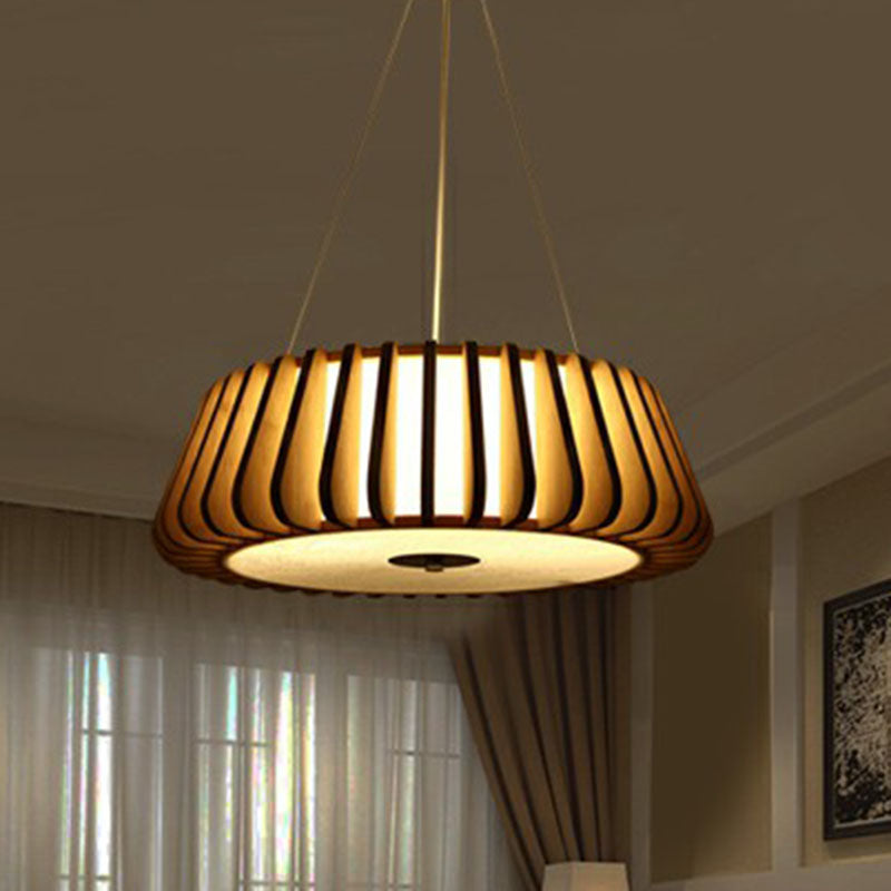 Tapered Drum Chandelier Pendant Light - Contemporary 3 Bulb Wood Hanging Light for Living Room
