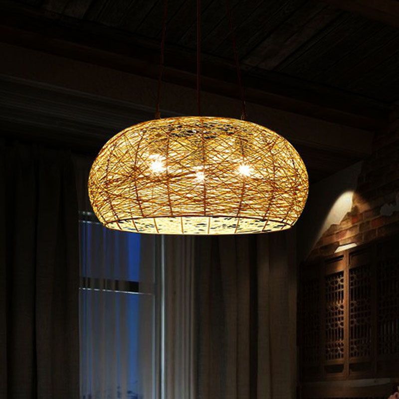 Chinese Dome Rattan Chandelier with 3 Pendant Lights for Restaurants