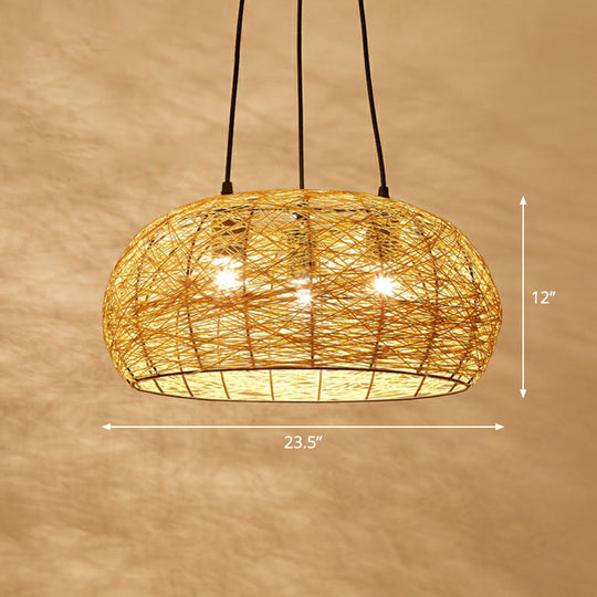 Chinese Dome Rattan Chandelier with 3 Pendant Lights for Restaurants