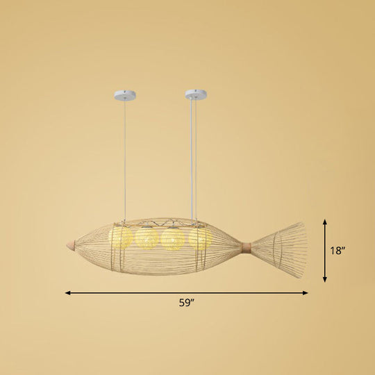 Modern Fish Chandelier Pendant Light: Bamboo Tea Room Hanging Lamp in Wood