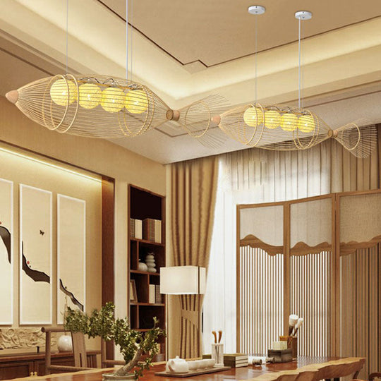 Modern Fish Chandelier Pendant Light: Bamboo Tea Room Hanging Lamp in Wood