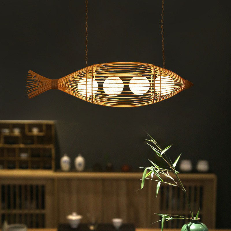 Bamboo Fish-Shaped Southeast Asian Chandelier with 3 Bulbs – Ceiling Lighting Fixture