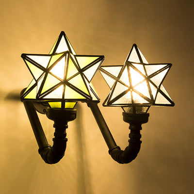 Stained Glass Star Sconce Lamp for Rustic Kitchen, Double Wall Lighting in Pink/Green/Blue