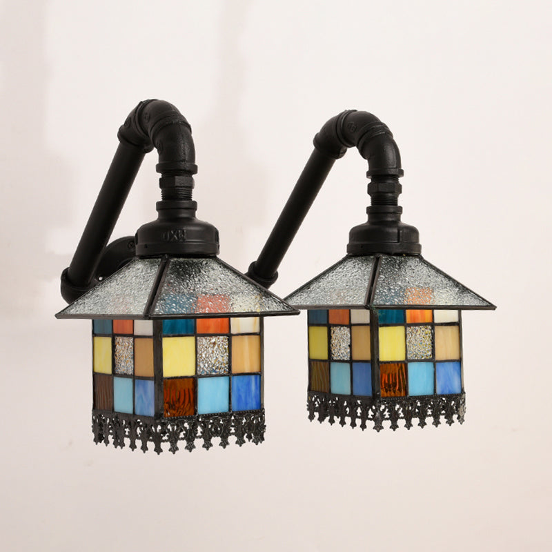 2-Light Tiffany Loft Style Stained Glass Wall Sconce with Blue/Clear Accents