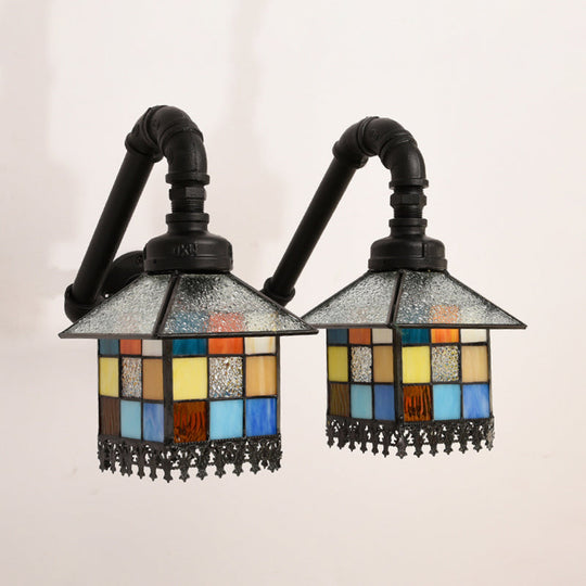 2-Light Tiffany Loft Style Stained Glass Wall Sconce with Blue/Clear Accents