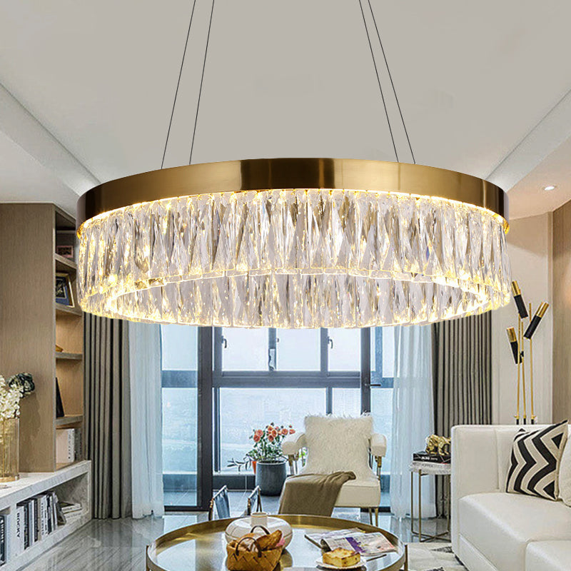 Simple Ring Ribbed Crystal Pendant Chandelier LED Gold Hanging Lamp - 23.5"/31.5" Diameter for Dining Room