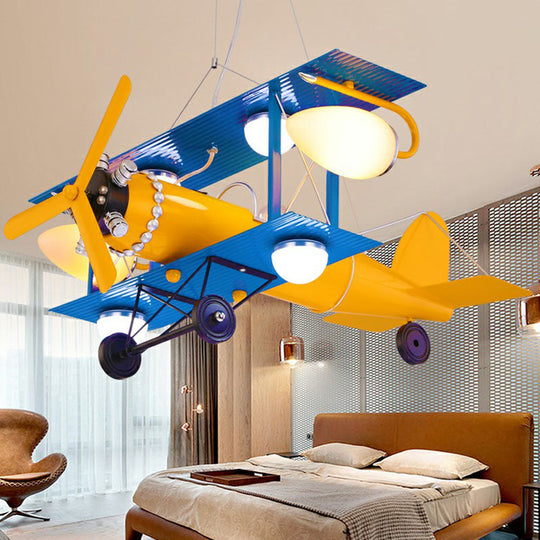 Yellow LED Nursery Chandelier with Jet Plane Design and Cream Glass Shade"
