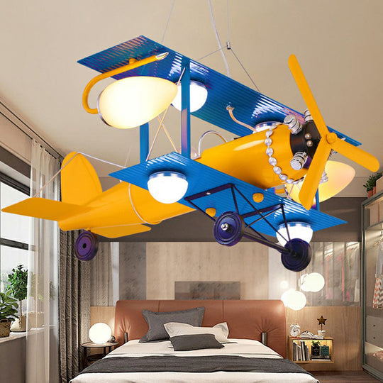 Yellow LED Nursery Chandelier with Jet Plane Design and Cream Glass Shade"