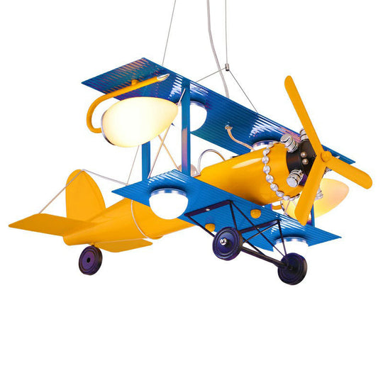 Yellow LED Nursery Chandelier with Jet Plane Design and Cream Glass Shade"