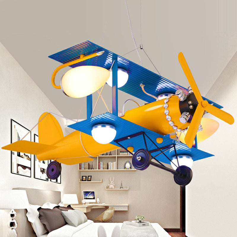 Yellow LED Nursery Chandelier with Jet Plane Design and Cream Glass Shade"