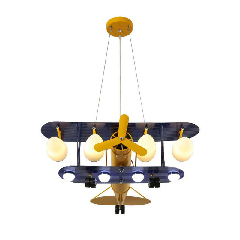 Yellow Cartoon Jet Plane Chandelier – Metallic LED Hanging Light for Kindergarten