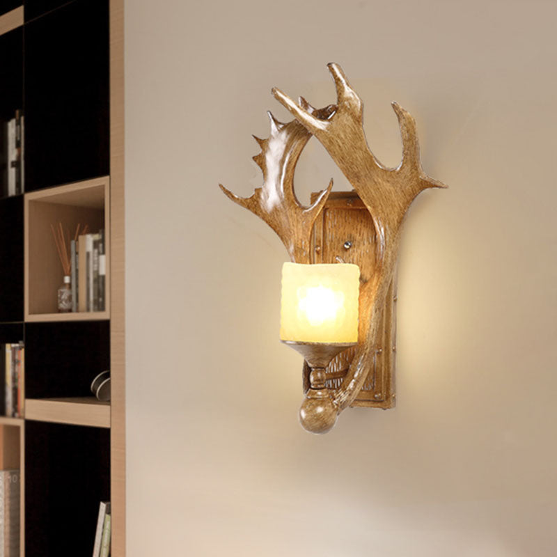 Retro Antler Resin Wall Mount Light with Frosted Glass Shade - 1-Light, Brown Finish - Ideal for Study Room