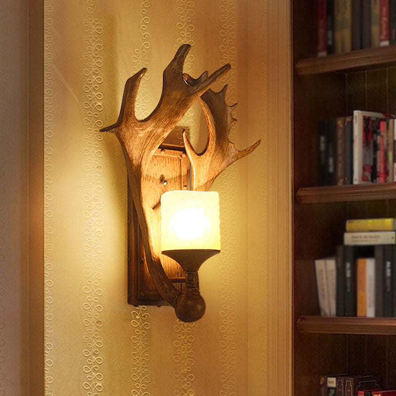 Retro Antler Resin Wall Mount Light with Frosted Glass Shade - 1-Light, Brown Finish - Ideal for Study Room