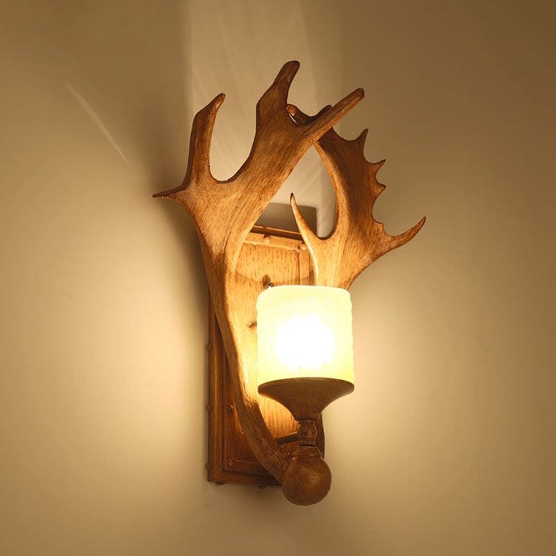 Retro Antler Resin Wall Mount Light with Frosted Glass Shade - 1-Light, Brown Finish - Ideal for Study Room