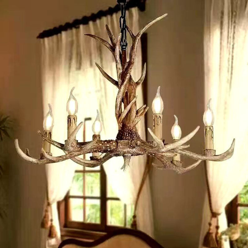 Traditional Antler Ceiling Lighting Resin Chandelier Light Fixture in Brown for Living Room