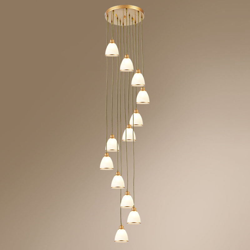 Simplicity Multi-Light Pendant | Cream Glass Spiral Bell Shade | Staircase Hanging Light