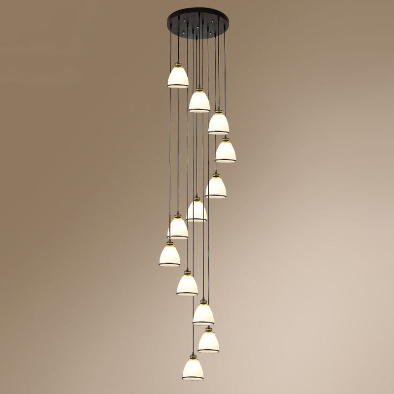 Simplicity Multi-Light Pendant | Cream Glass Spiral Bell Shade | Staircase Hanging Light