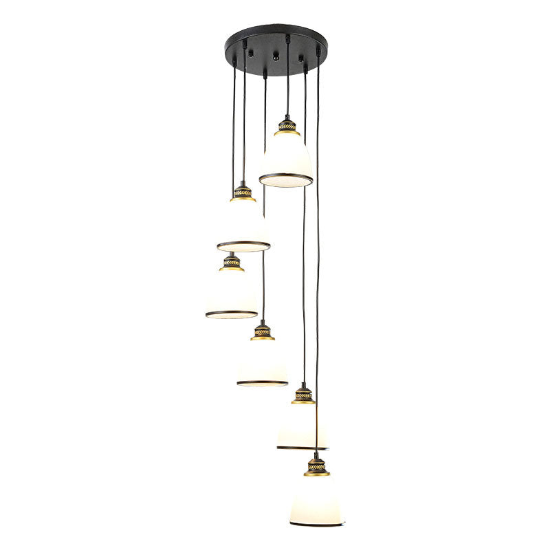Simplicity Multi-Light Pendant | Cream Glass Spiral Bell Shade | Staircase Hanging Light