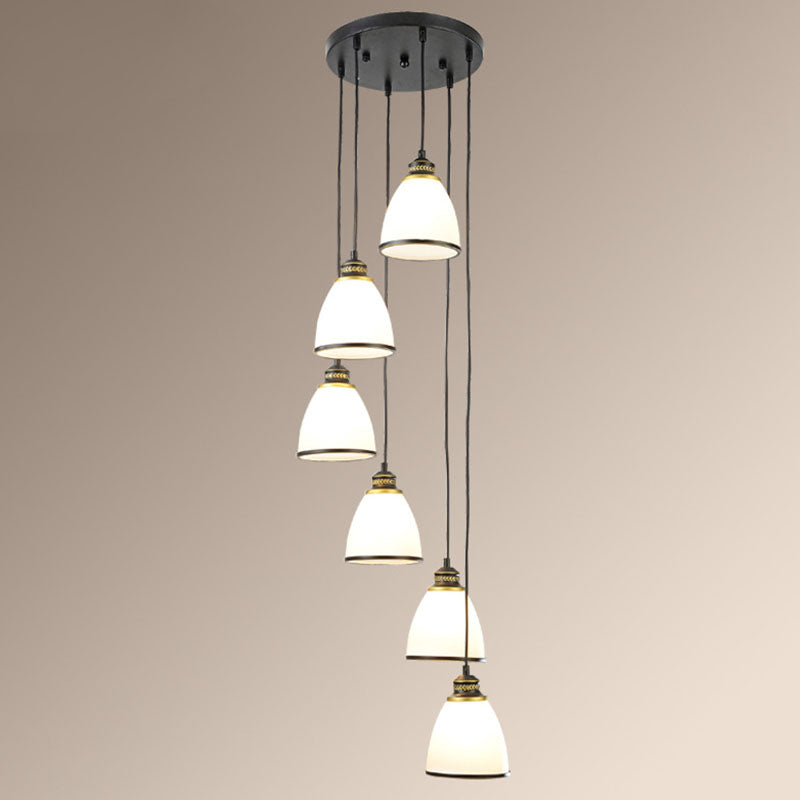 Simplicity Multi-Light Pendant | Cream Glass Spiral Bell Shade | Staircase Hanging Light