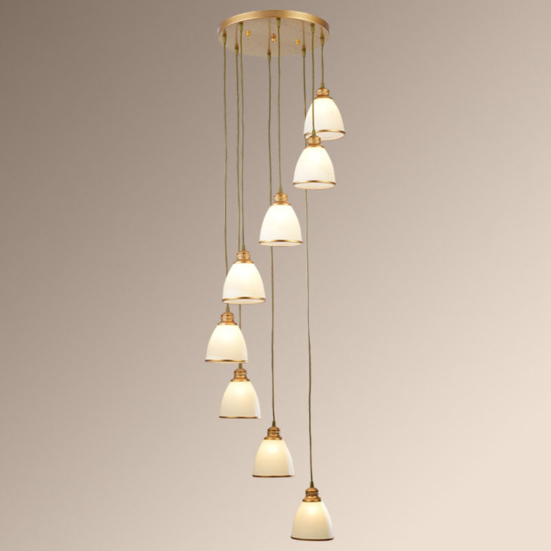 Simplicity Multi-Light Pendant | Cream Glass Spiral Bell Shade | Staircase Hanging Light