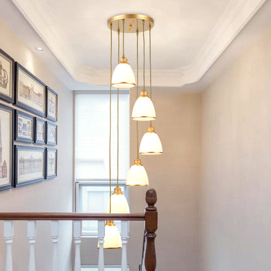 Simplicity Multi-Light Pendant | Cream Glass Spiral Bell Shade | Staircase Hanging Light