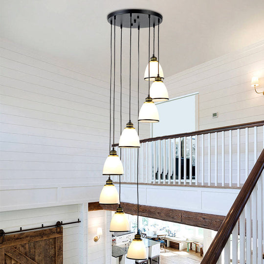 Simplicity Multi-Light Pendant | Cream Glass Spiral Bell Shade | Staircase Hanging Light
