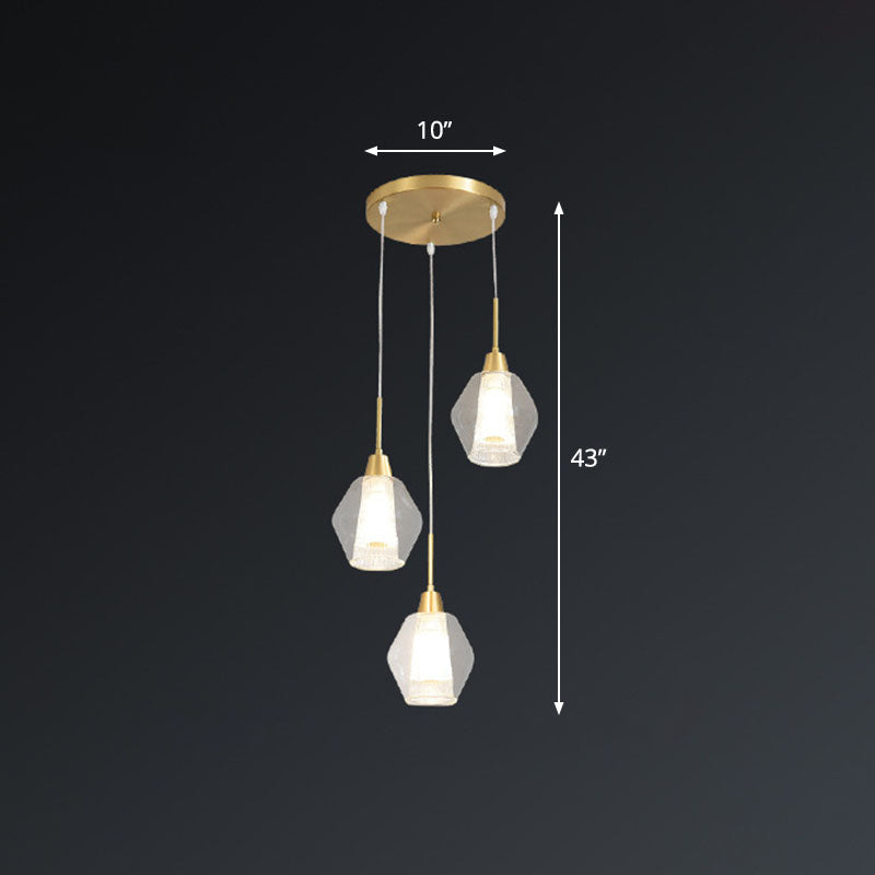 Nordic Style Gold Suspension Multi Ceiling Light with Clear Handblown Glass Shades for Staircase