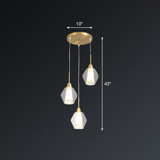 Nordic Style Gold Suspension Multi Ceiling Light with Clear Handblown Glass Shades for Staircase