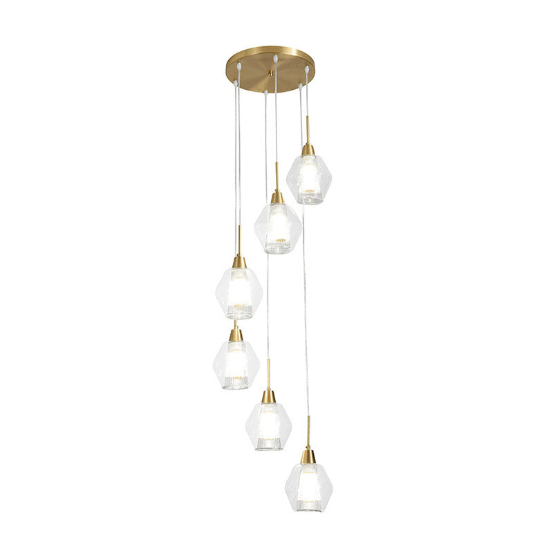 Nordic Style Gold Suspension Multi Ceiling Light with Clear Handblown Glass Shades for Staircase