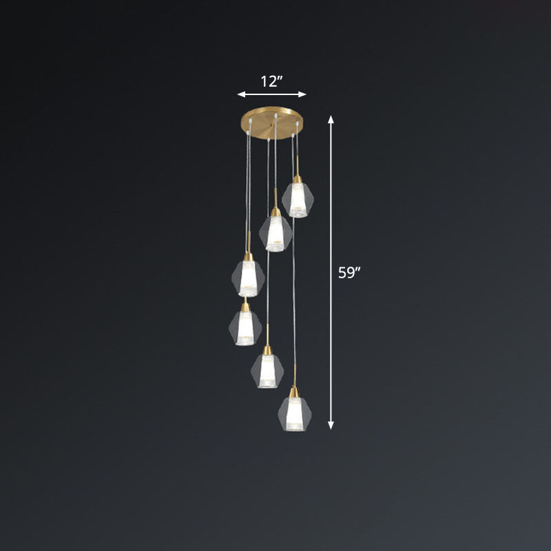 Nordic Style Gold Suspension Multi Ceiling Light with Clear Handblown Glass Shades for Staircase