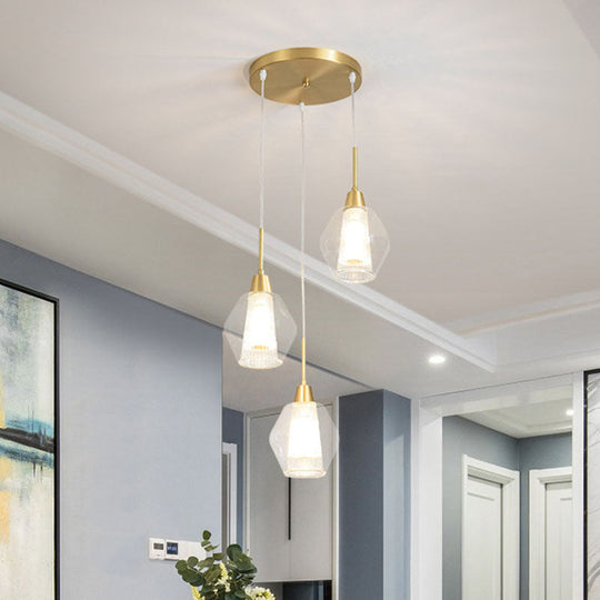 Nordic Style Gold Suspension Multi Ceiling Light with Clear Handblown Glass Shades for Staircase