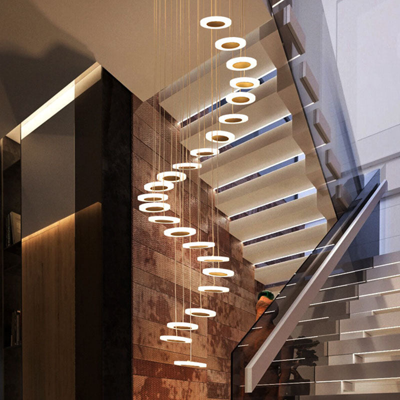 Contemporary Spiral Disc Multi Ceiling Lamp - Staircase Suspension Fixture in White