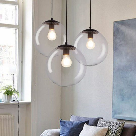 Sleek Clear Glass Spherical Pendant Light - Single Bulb Black Suspended Fixture