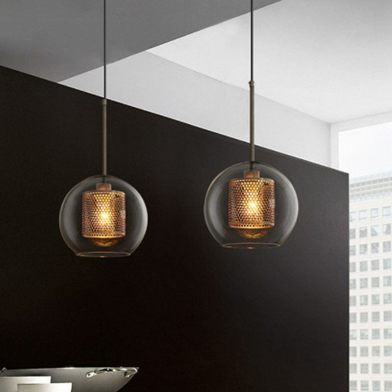 Modern Clear Glass Sphere Pendant Light with Mesh Screen - 1 Bulb Suspension Lamp
