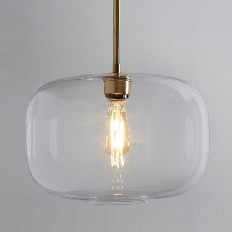 Simplicity Glass Pendant Light with Gold Finish - Clear Mug Shape, Single Bulb Suspension