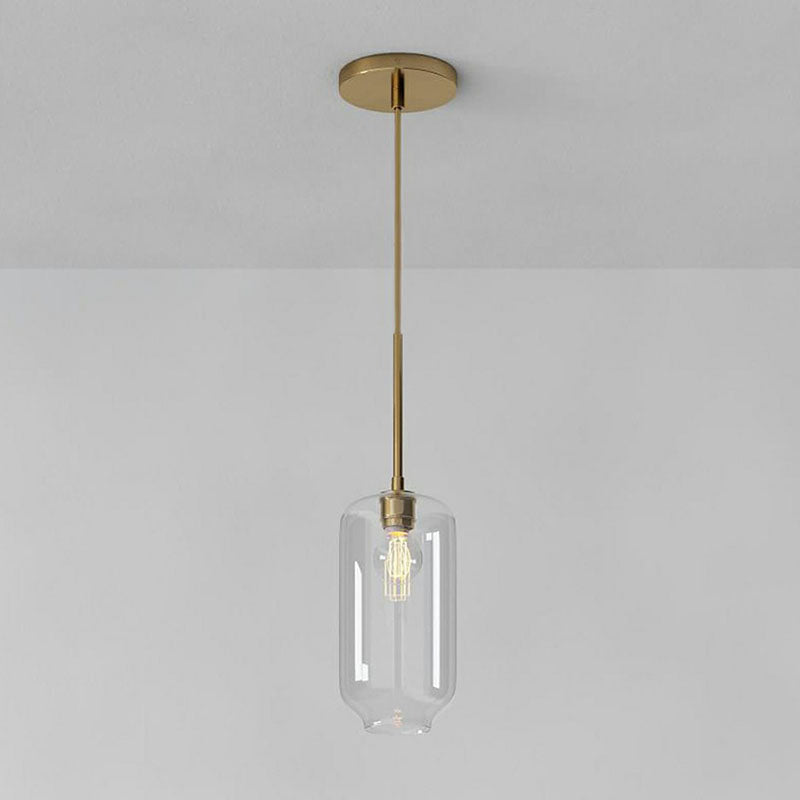 Simplicity Glass Pendant Light with Gold Finish - Clear Mug Shape, Single Bulb Suspension