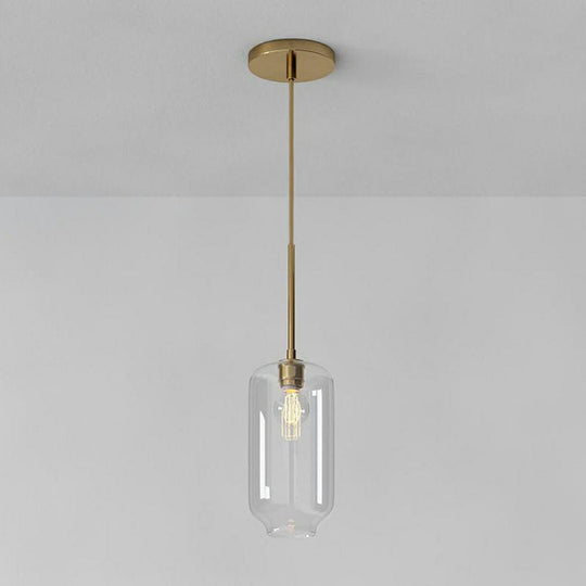 Simplicity Glass Pendant Light with Gold Finish - Clear Mug Shape, Single Bulb Suspension