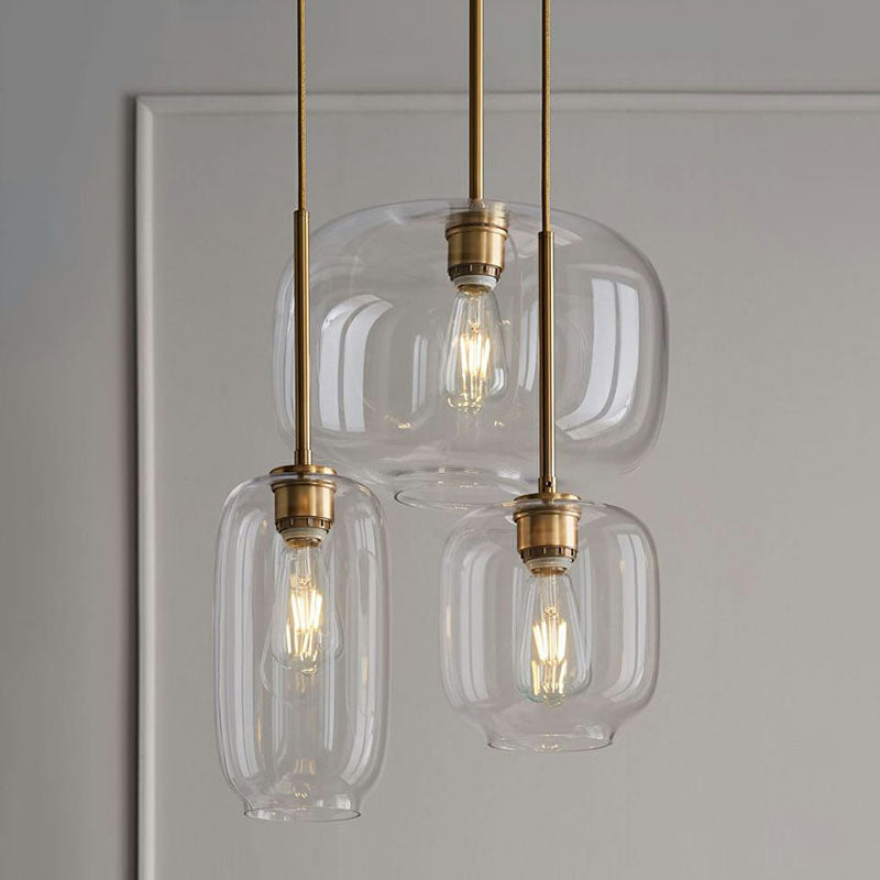 Simplicity Glass Pendant Light with Gold Finish - Clear Mug Shape, Single Bulb Suspension