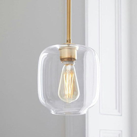 Simplicity Glass Pendant Light with Gold Finish - Clear Mug Shape, Single Bulb Suspension