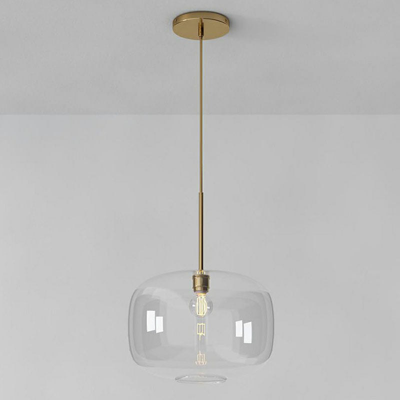 Simplicity Glass Pendant Light with Gold Finish - Clear Mug Shape, Single Bulb Suspension