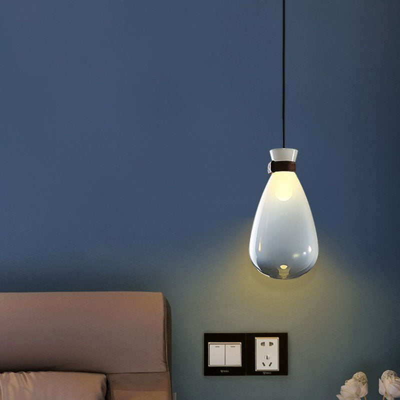 Minimalist Raindrop Glass Hanging Light with Leather Strap - 1-Light Suspended Lighting Fixture