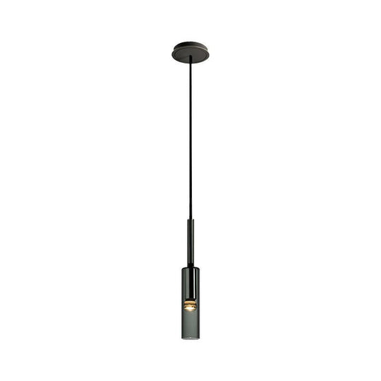 Minimalist Smoke Grey Glass Tube Hanging Light - 1-Light Black Suspension for Bedroom