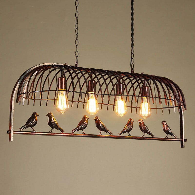 Iron Industrial Bird Cage Pendant Light with Ivy Decor in Rust for Restaurant