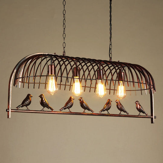 Iron Industrial Bird Cage Pendant Light with Ivy Decor in Rust for Restaurant
