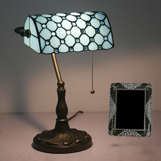 Gridded Glass Antique Nightstand Lamp with Pull Chain - Half Cylinder Table Lighting, 1-Light