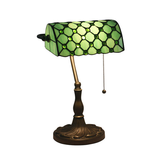 Gridded Glass Antique Nightstand Lamp with Pull Chain - Half Cylinder Table Lighting, 1-Light