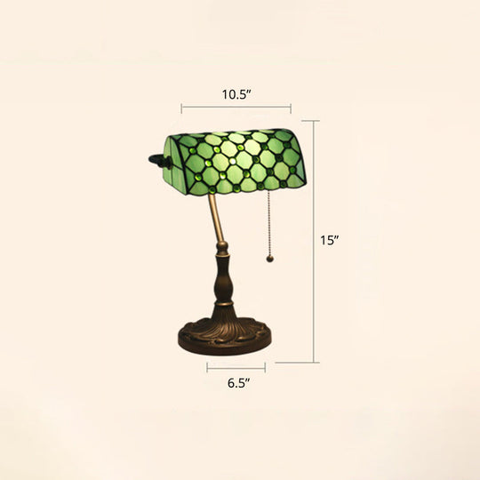 Gridded Glass Antique Nightstand Lamp with Pull Chain - Half Cylinder Table Lighting, 1-Light